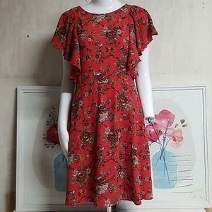 Eclair red floral flutter sleeves dress size small, NWOT